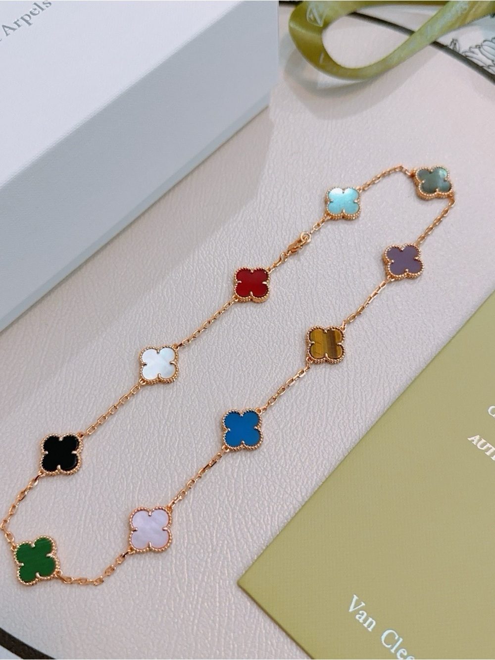 Van Cleef & Arpels Rose Gold Multicolor Alhambra Motif Necklace
